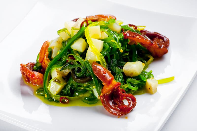 Insalata con il polipo, il pettine e Hiyashi Wakame fotografie stock Insalata con il polipo, il pettine e Hiyashi Wakame fotografie stock