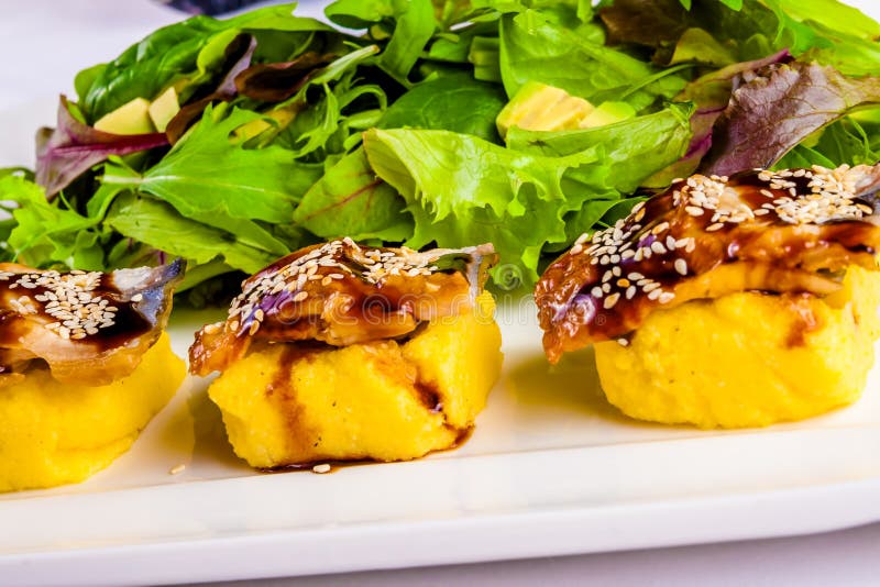 Insalata con l'anguilla, l'omelette, le erbe e l'avocado immagine stock libera da diritti Insalata con l'anguilla, l'omelette, le erbe e l'avocado immagine stock libera da diritti