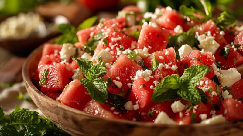 Insalata di menta di cocomero e feta di cocomero deliziosa insalata estiva di cubi di cocomero foglie di formaggio feta e di salso fotografia stock libera da diritti