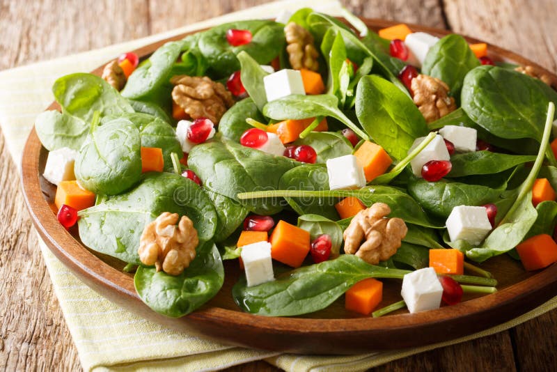 Insalata di verdure appena preparato fatta dal primo piano della zucca, degli spinaci, del formaggio di capra, delle noci e dei s immagini stock Insalata di verdure appena preparato fatta dal primo piano della zucca, degli spinaci, del formaggio di capra, delle noci e dei s immagini stock