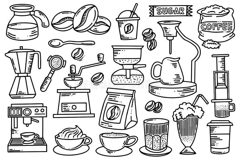 Insamling av manuellt dragna kaffetyper stock illustrationer