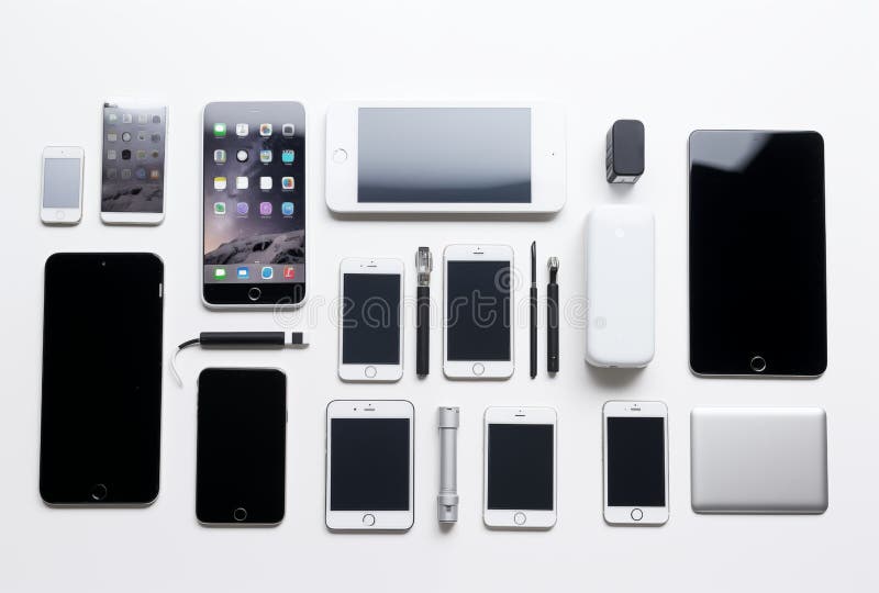 Insamling av moderna elektroniska apparater mot vit bakgrund. En samling moderna elektroniska anordningar i vit bakgrund. I sortiment ingår smarta smartphone-tabletter och bärbara datorer som visar sin avancerade teknik och moderna design. ai genererad