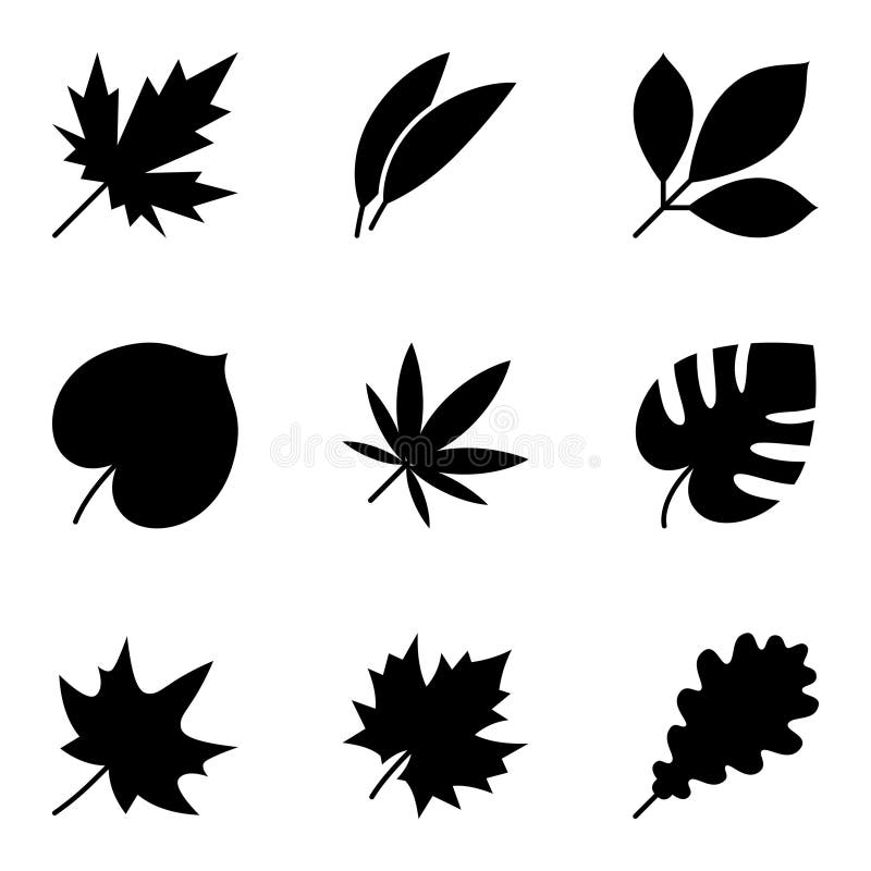 Insamling av silhuetter av svart blad som representerar olika växtarter royaltyfri illustrationer