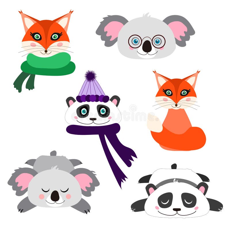 Insamling av vektorer, kawaii, söta djur Vinter, hösttillbehör Koala, panda, räv stock illustrationer