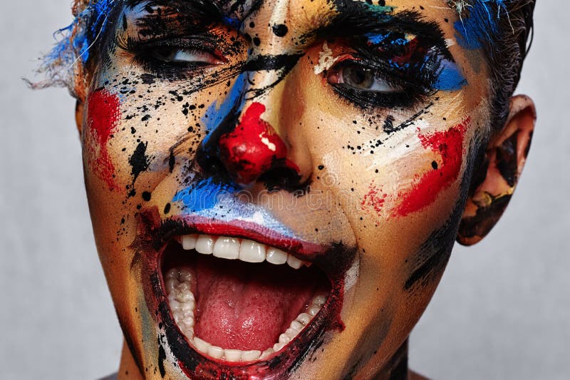 Insane laughing evil Clown with creative Face Art stock photos Insane laughing evil Clown with creative Face Art stock photos