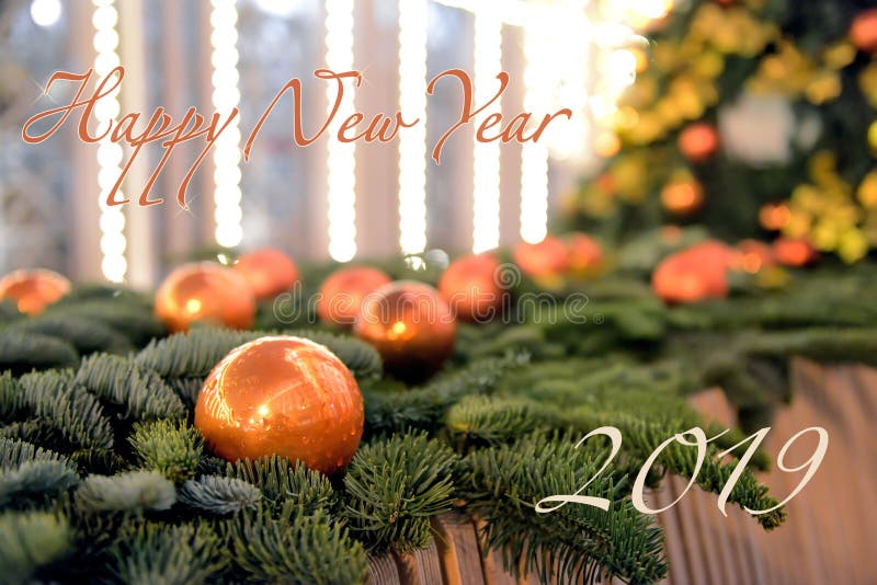 Inscription Happy new year 2019 and Christmas decoration stock photography Inscription Happy new year 2019 and Christmas decoration stock photography
