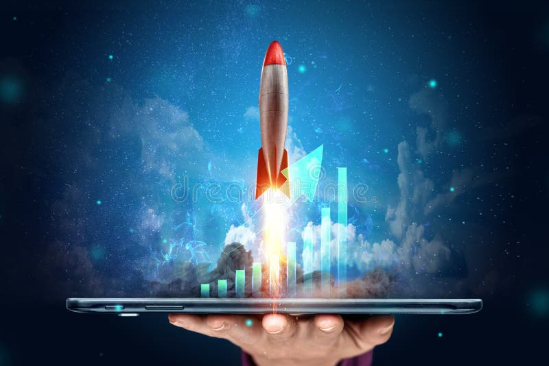 The inscription start-up, the rocket taking off on the background image of the development strategy charts, business concept, new