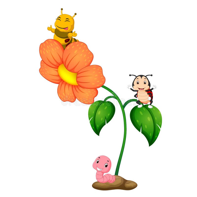 Illustration of three insect over flower. Illustration of three insect over flower