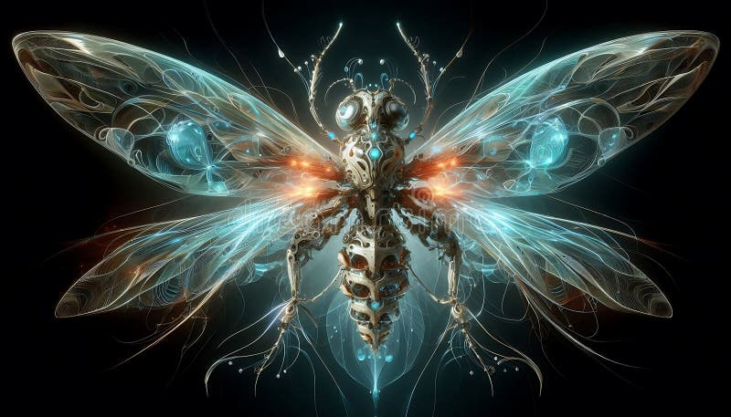 Insecto biomecánico surrealista con alas translúcidas y detalles orgánicos brillantes en marco cibernetico stock de ilustración
