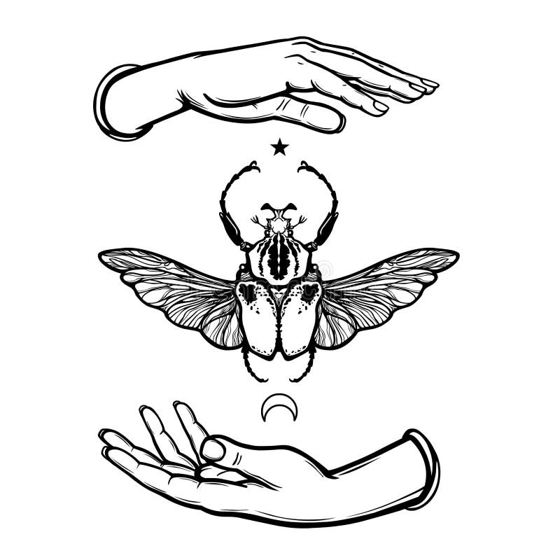 Insecto humano del ` s de Goliat del control de las manos Símbolo de la luna Alegoría mística