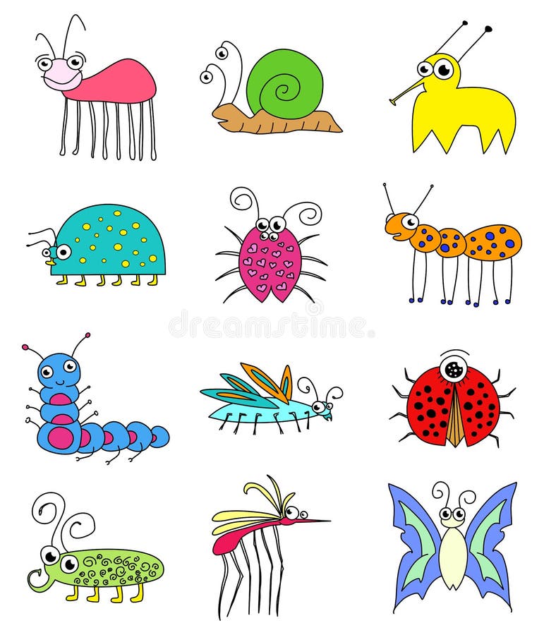 Insectos coloreados divertidos de los insectos fijados libre illustration