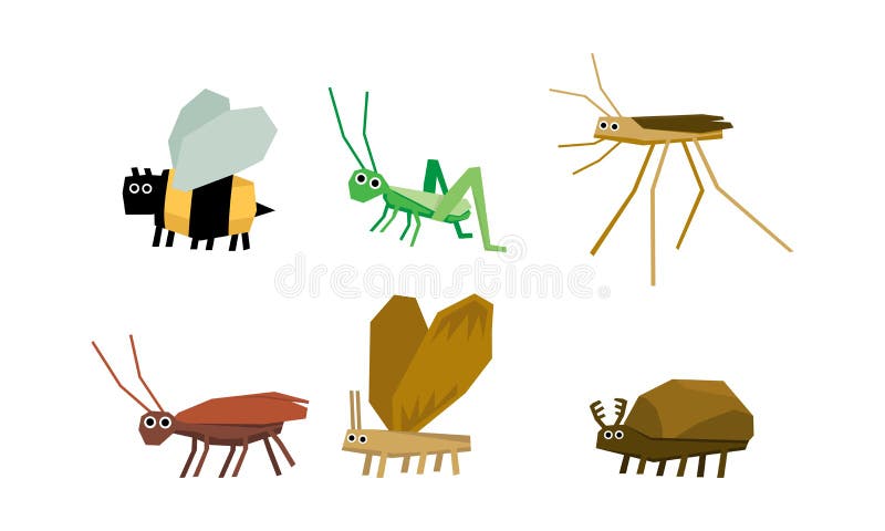 Insectos geométricos sistema, abeja, saltamontes, mosquito, hormiga, ejemplo del vector del insecto en un fondo blanco ilustración del vector