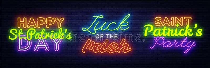 Insegna al neon del grande insieme per il giorno di St Patrick Insegna al neon del giorno di San Patrizio felice, modello di prog royalty illustrazione gratis Insegna al neon del grande insieme per il giorno di St Patrick Insegna al neon del giorno di San Patrizio felice, modello di prog royalty illustrazione gratis