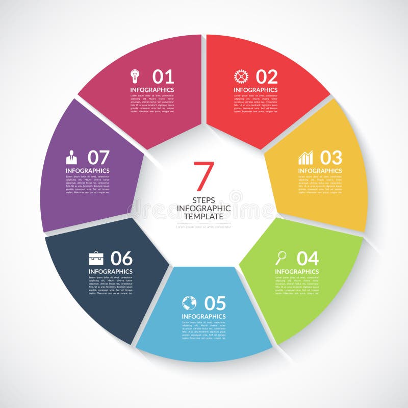 Insegna del cerchio di Infographic Vector il modello con 7 punti, le parti, opzioni illustrazione di stock