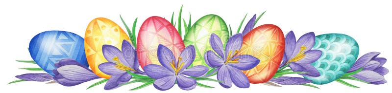Insegna del fiore della primavera dei croco e delle uova di Pasqua Priorità bassa dell'acquerello