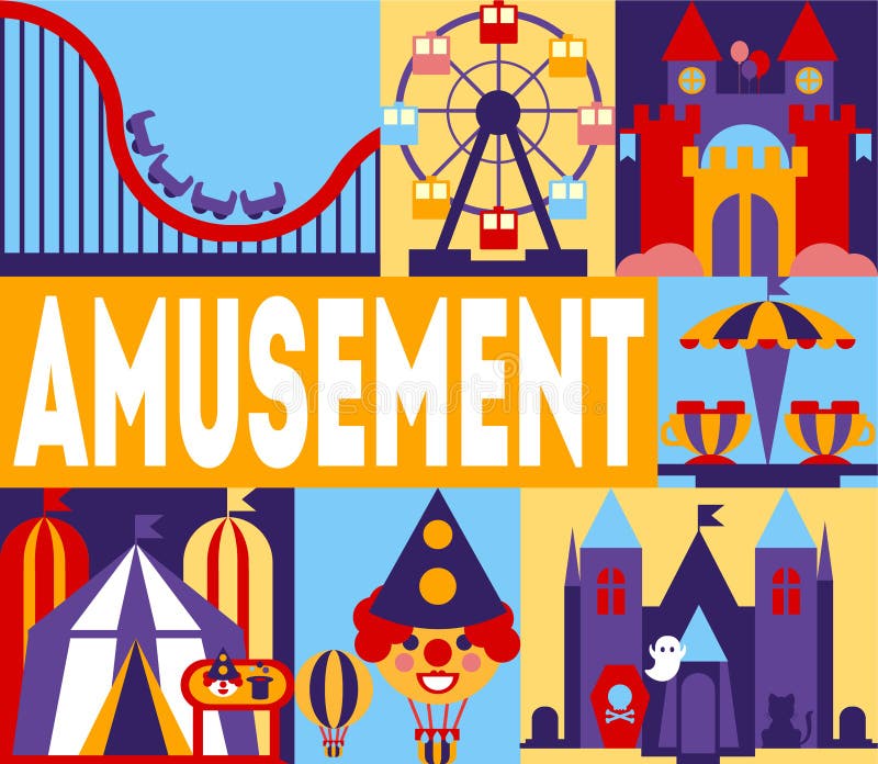 Insegna del parco di divertimenti, carnevale, luna park con i caroselli, montagne russe, illustrazione del circo di vettore del c royalty illustrazione gratis Insegna del parco di divertimenti, carnevale, luna park con i caroselli, montagne russe, illustrazione del circo di vettore del c royalty illustrazione gratis