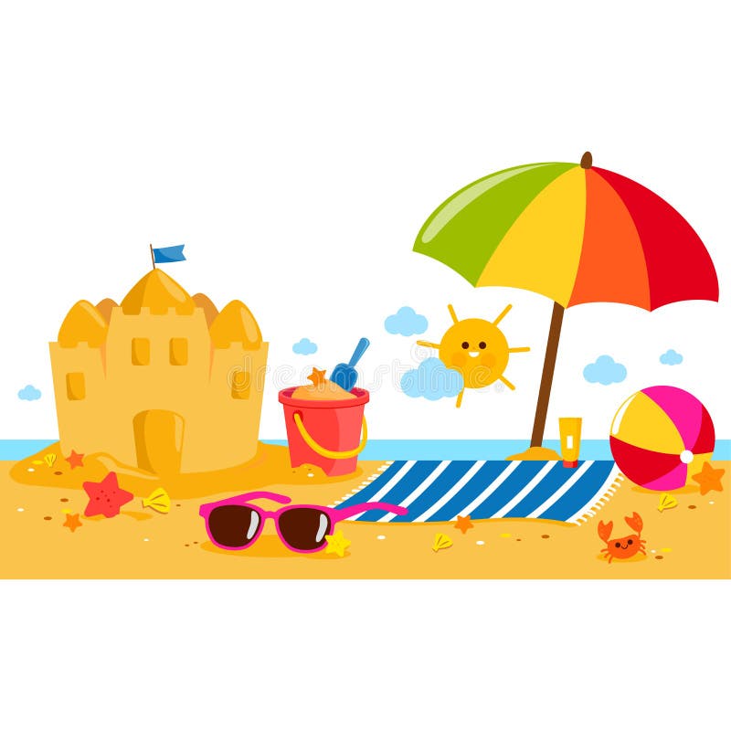 Insegna dell'isola di vacanze estive con l'ombrello di spiaggia, l'asciugamano, un castello di sabbia ed altri giocattoli della s illustrazione vettoriale Insegna dell'isola di vacanze estive con l'ombrello di spiaggia, l'asciugamano, un castello di sabbia ed altri giocattoli della s illustrazione vettoriale