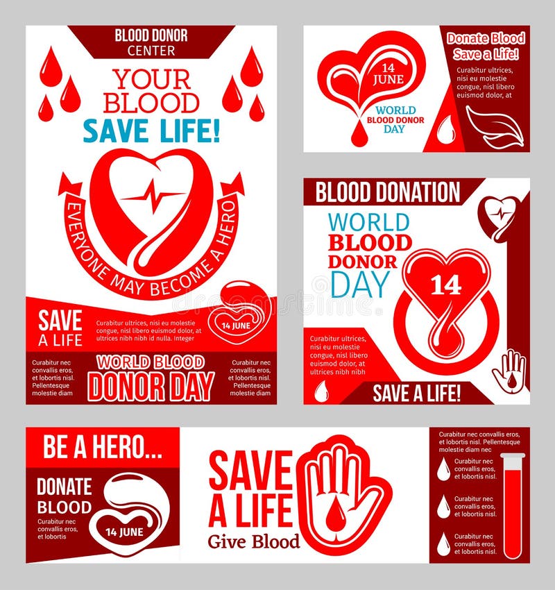 Insegna di giorno del donatore di sangue del mondo con cuore e goccia illustrazione di stock Insegna di giorno del donatore di sangue del mondo con cuore e goccia illustrazione di stock