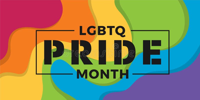 Insegna di mese di orgoglio di LGBTQ con il testo di tipografia su progettazione variopinta di vettore del fondo dell'arcobaleno