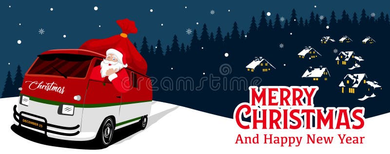 Insegna di Natale con il vettore del fondo di notte Santa Claus sta conducendo l'automobile royalty illustrazione gratis Insegna di Natale con il vettore del fondo di notte Santa Claus sta conducendo l'automobile royalty illustrazione gratis