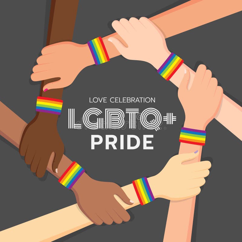 Insegna di orgoglio di LGBTQ con il polsino dell'arcobaleno di usura della mano intorno al cerchio su progettazione grigia di vet
