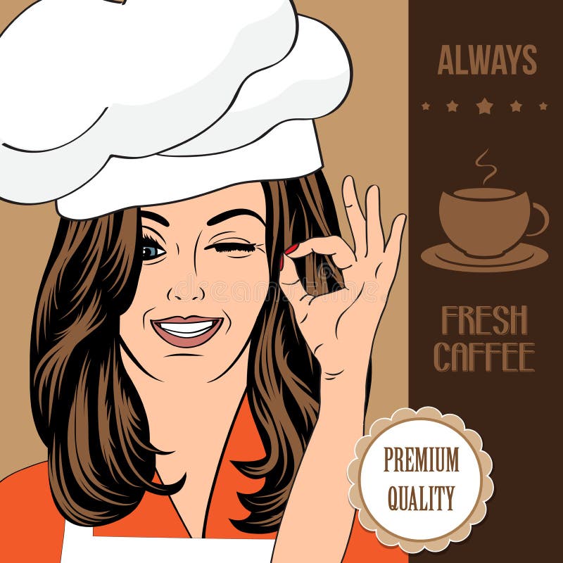 Insegna di pubblicità del caffè con una bella signora illustrazione vettoriale Insegna di pubblicità del caffè con una bella signora illustrazione vettoriale
