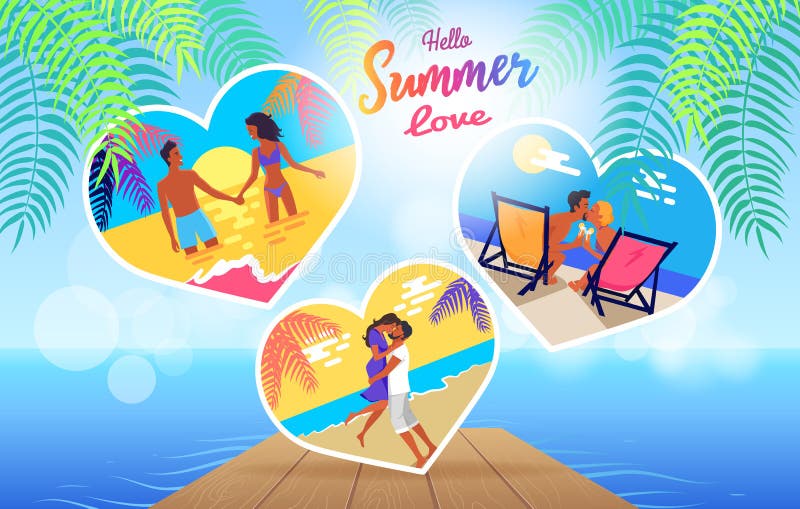 Insegna di tempo di amore di estate con le foto delle coppie illustrazione di stock Insegna di tempo di amore di estate con le foto delle coppie illustrazione di stock