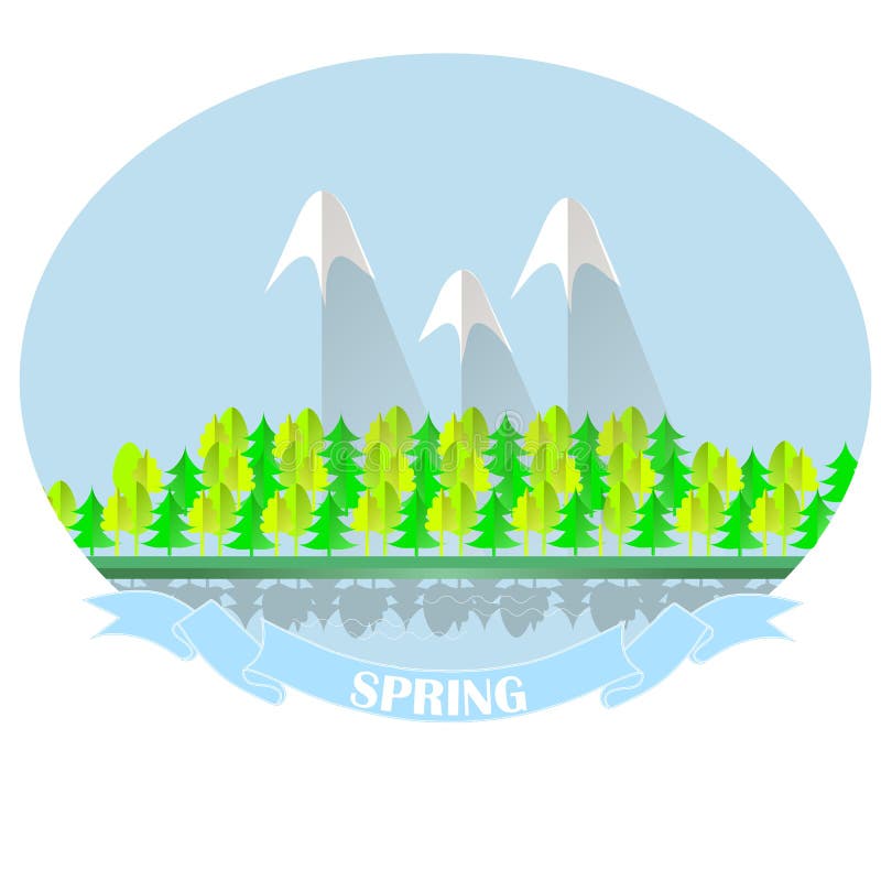 Insegna di tipografia della foresta della primavera e del paesaggio della montagna Cielo blu, alberi verdi illustrazione vettoriale Insegna di tipografia della foresta della primavera e del paesaggio della montagna Cielo blu, alberi verdi illustrazione vettoriale