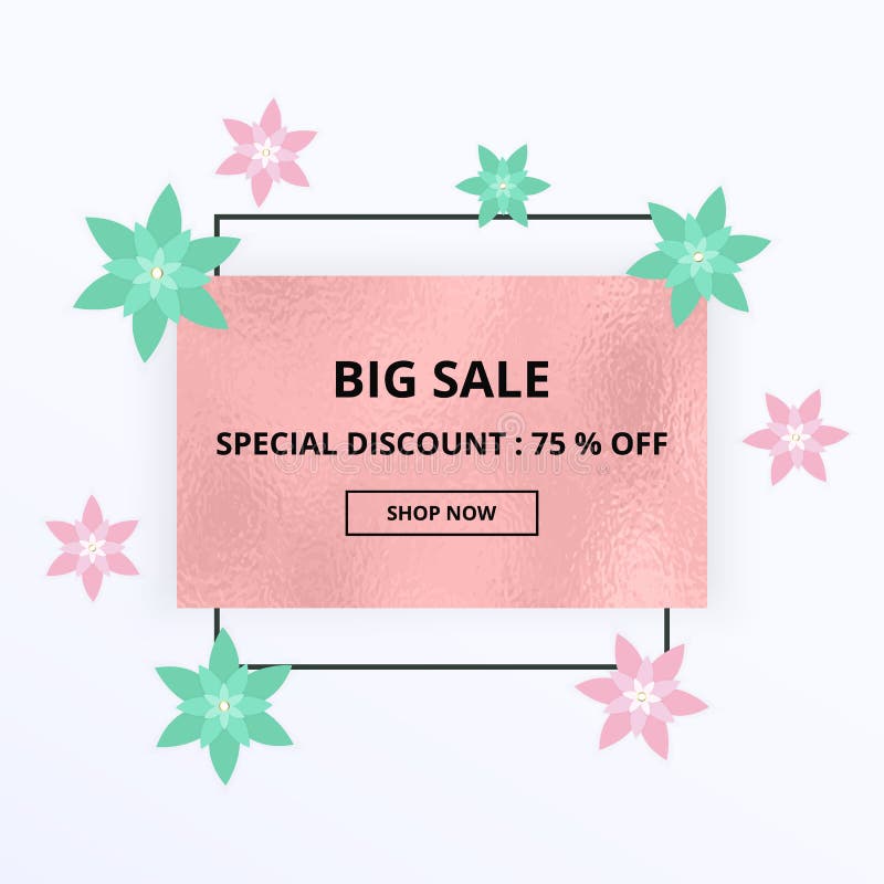 Insegna di vendita della primavera con i fiori rosa e verdi, struttura della stagnola Modello per acquisto online, progettazioni, illustrazione di stock Insegna di vendita della primavera con i fiori rosa e verdi, struttura della stagnola Modello per acquisto online, progettazioni, illustrazione di stock