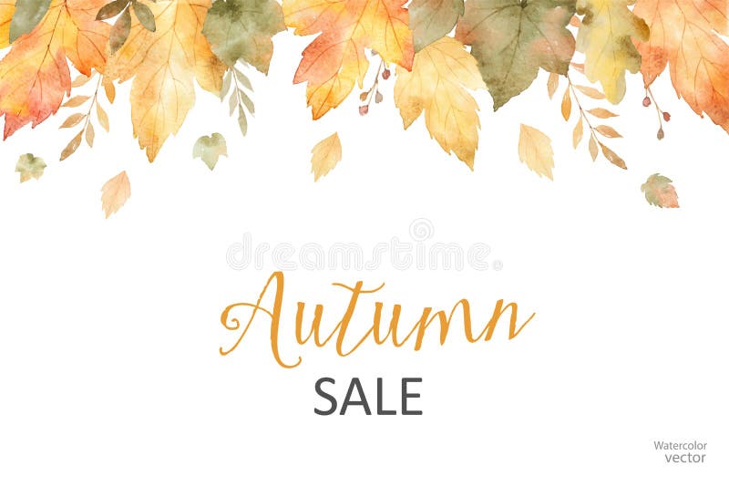 Insegna di vendita di autunno dell'acquerello delle foglie e dei rami isolati su fondo bianco