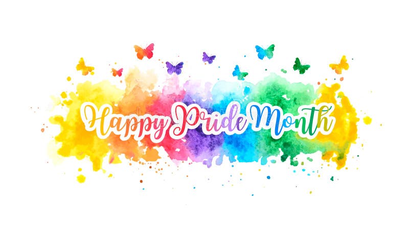 Insegna felice di mese di orgoglio di LGBT con la spruzzata variopinta e le farfalle dell'acquerello dell'arcobaleno Illustrazion illustrazione di stock Insegna felice di mese di orgoglio di LGBT con la spruzzata variopinta e le farfalle dell'acquerello dell'arcobaleno Illustrazion illustrazione di stock
