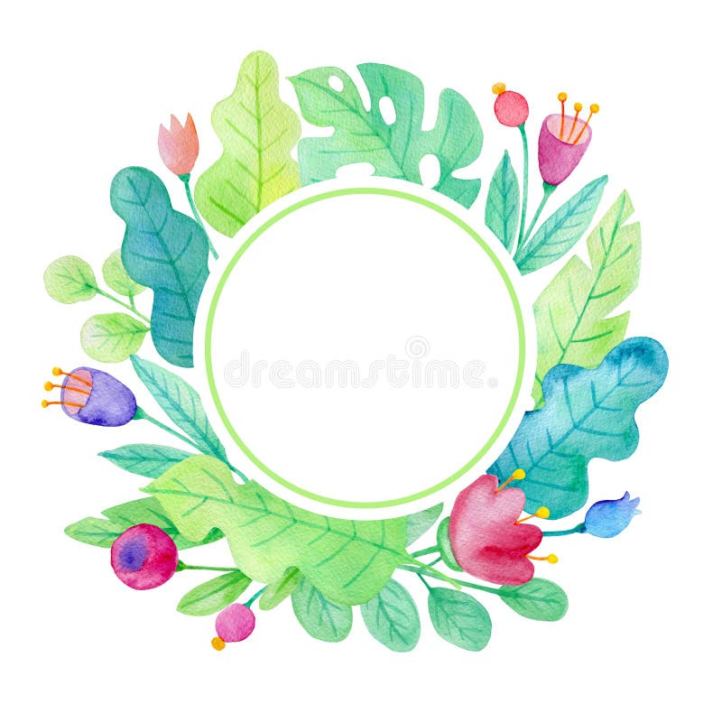Insegna floreale dell'acquerello rotondo con le foglie verdi illustrazione di stock Insegna floreale dell'acquerello rotondo con le foglie verdi illustrazione di stock