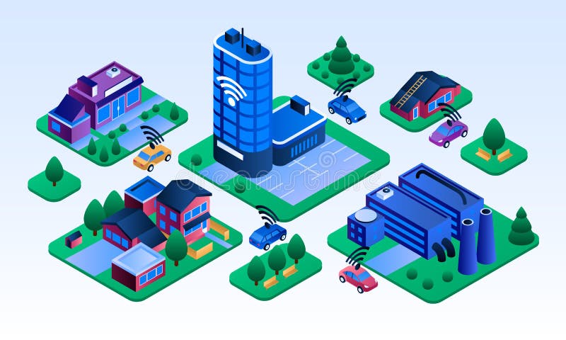 Insegna intelligente della costruzione della città, stile isometrico illustrazione vettoriale Insegna intelligente della costruzione della città, stile isometrico illustrazione vettoriale