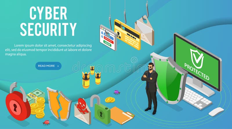 Insegna isometrica di sicurezza cyber illustrazione di stock Insegna isometrica di sicurezza cyber illustrazione di stock