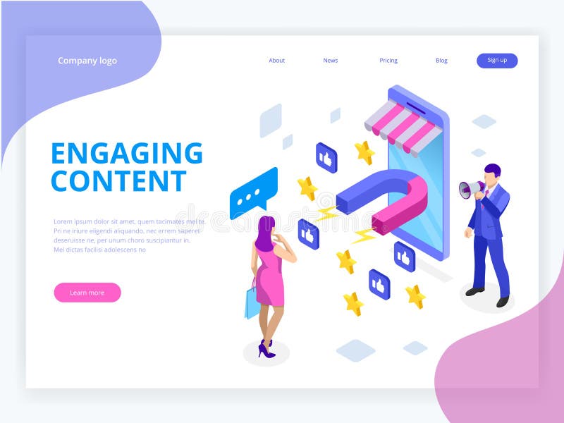 Insegna isometrica di web con il contenuto d'aggancio, successo contento di vendita, miscela di vendita Influencer sociale Media illustrazione vettoriale