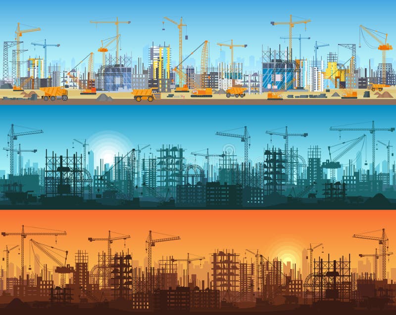 Insegna orizzontale della costruzione del sito Web o della città Trattori, selezionatore, bulldozer, escavatori e gru a torre con illustrazione vettoriale Insegna orizzontale della costruzione del sito Web o della città Trattori, selezionatore, bulldozer, escavatori e gru a torre con illustrazione vettoriale