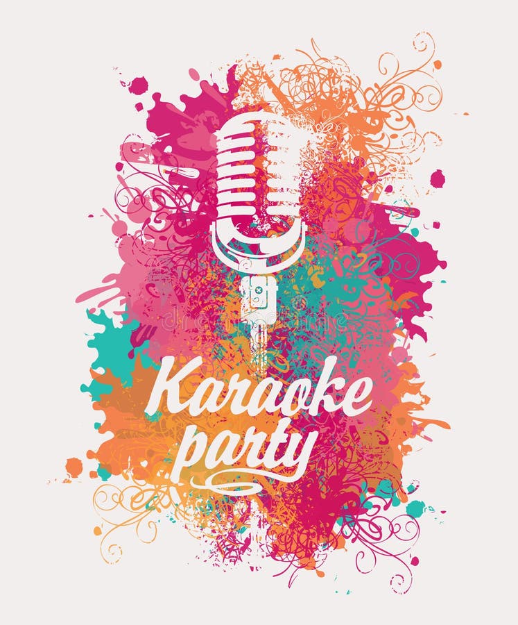 Insegna per il partito di karaoke con il mic sui punti colorati royalty illustrazione gratis Insegna per il partito di karaoke con il mic sui punti colorati royalty illustrazione gratis