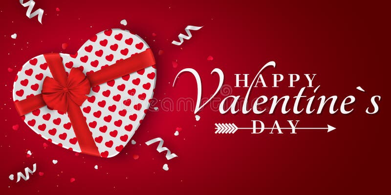 Insegna romantica rossa felice di giorno di biglietti di S. Valentino Regalo dal cuore Contenitore di regalo bianco con un arco r illustrazione vettoriale Insegna romantica rossa felice di giorno di biglietti di S. Valentino Regalo dal cuore Contenitore di regalo bianco con un arco r illustrazione vettoriale