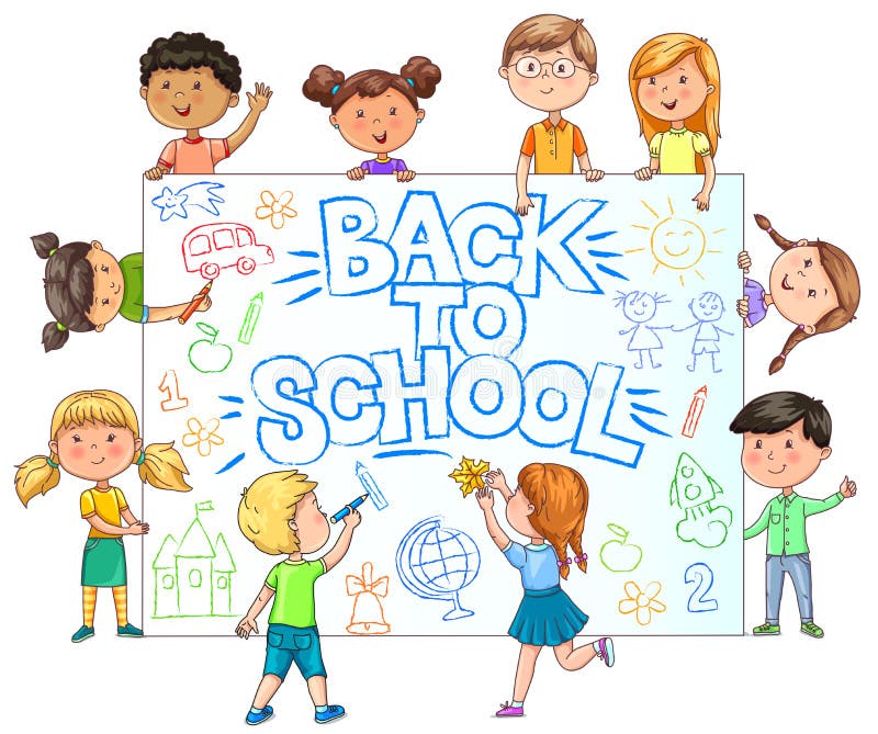 Insegna sveglia della tenuta dei bambini di nuovo alla scuola con il tiraggio dei bambini dipinti illustrazione di stock Insegna sveglia della tenuta dei bambini di nuovo alla scuola con il tiraggio dei bambini dipinti illustrazione di stock