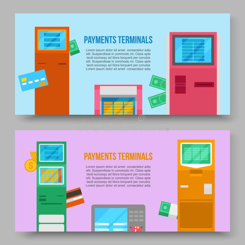 Insegne di vettore dei terminali di pagamenti di self service Debito e carta di credito e incasso Schermo attivabile al tatto di illustrazione vettoriale Insegne di vettore dei terminali di pagamenti di self service Debito e carta di credito e incasso Schermo attivabile al tatto di illustrazione vettoriale