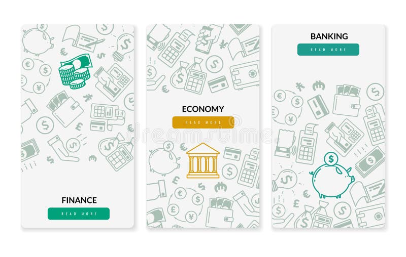 Insegne verticali delle icone di attività bancarie di finanza Tre insegne verticali su fondo bianco