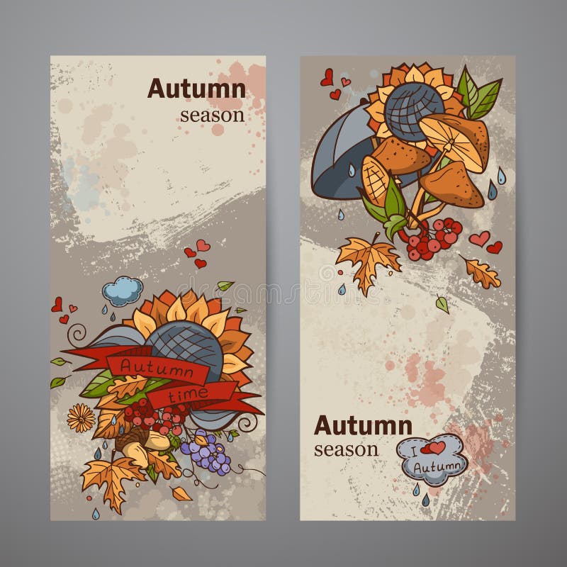 Insegne verticali stabilite dello scarabocchio colorato di autunno illustrazione vettoriale Insegne verticali stabilite dello scarabocchio colorato di autunno illustrazione vettoriale