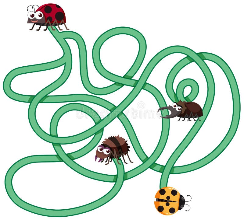 Insektenlabyrinth-Spielschablone. Insektenlabyrinthspiel-Schablonenillustration