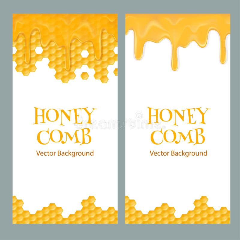 Honey flyers with place for text. Glossy yellow honeycomb and sweet drips. Flow down honey vector illustration. Honey flyers with place for text. Glossy yellow honeycomb and sweet drips. Flow down honey vector illustration.