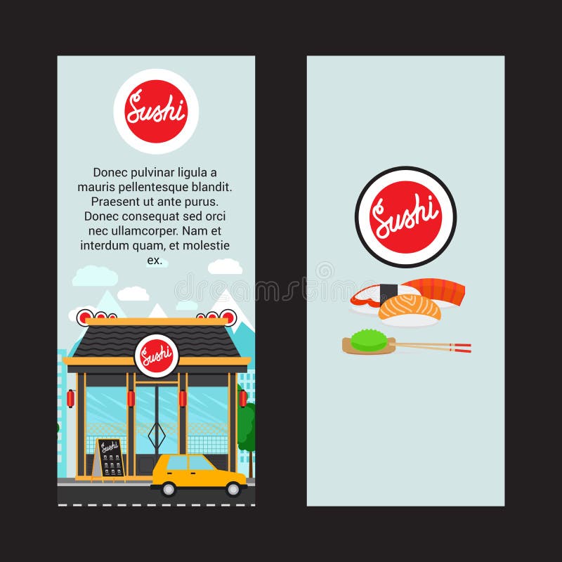 Insetos verticais do sushi com construção de loja ilustração do vetor Insetos verticais do sushi com construção de loja ilustração do vetor