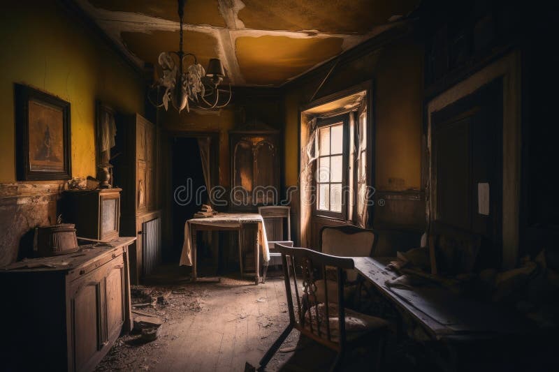 Inside an abandoned haunted house created with generative AI technology.
