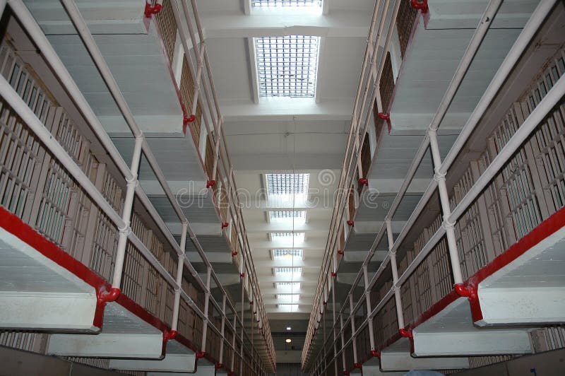 Block of solitary cells inside Alcatraz prison historical site.