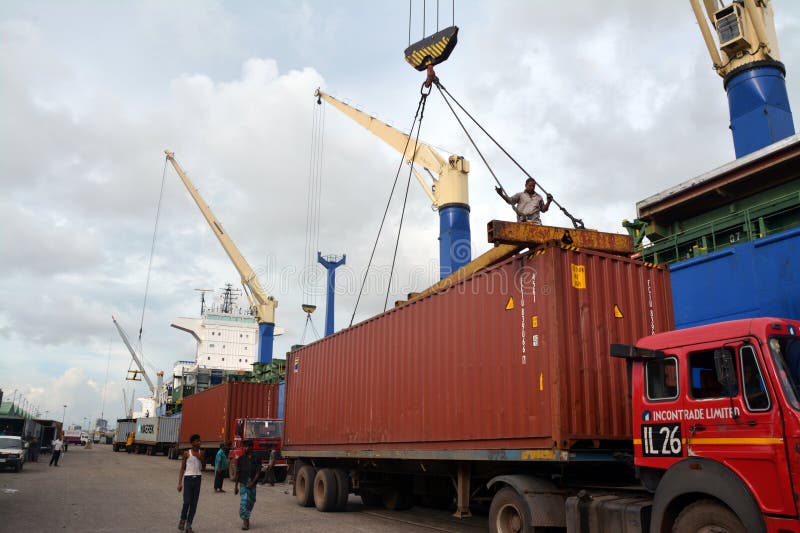 Inside of chittagong port yard and container handling from ship. loading unloading photographs. stock images
