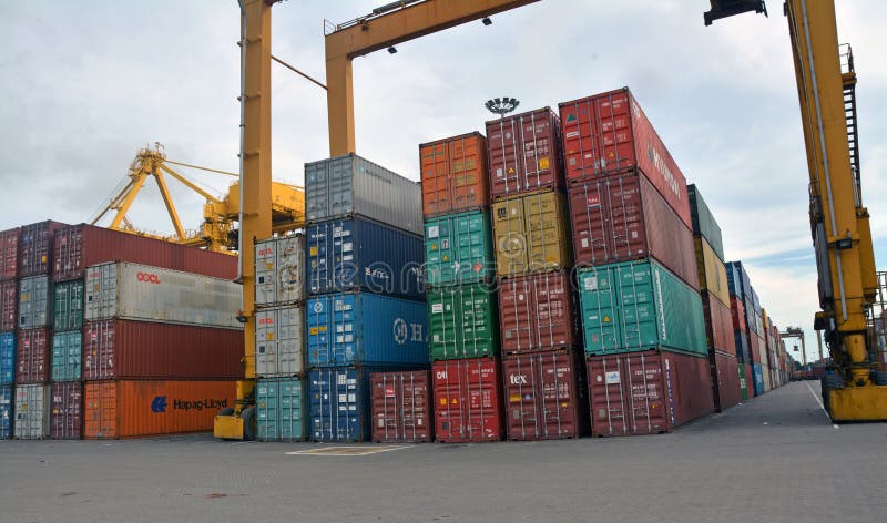 Inside of chittagong port yard and container handling from ship. loading unloading photographs. stock photo