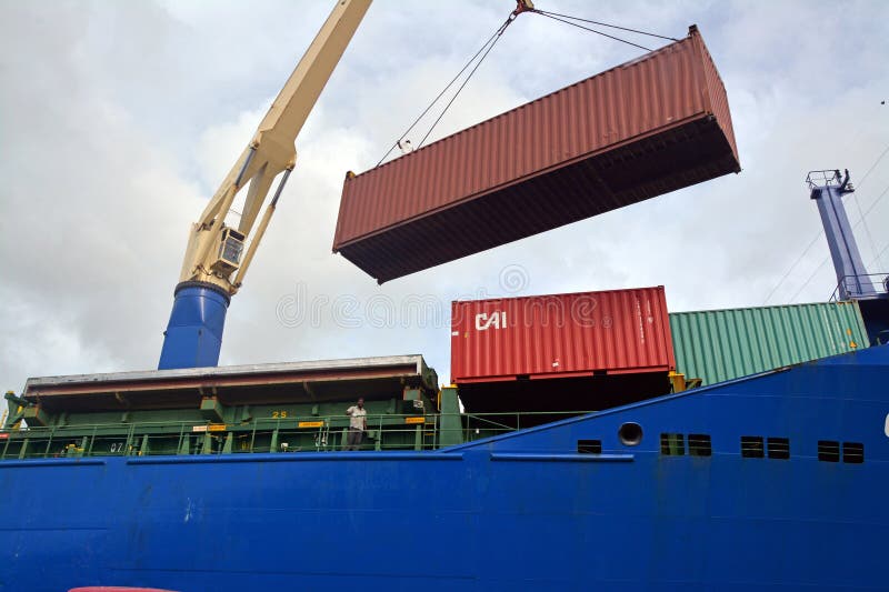 Inside of chittagong port yard and container handling from ship. loading unloading photographs. royalty free stock photos